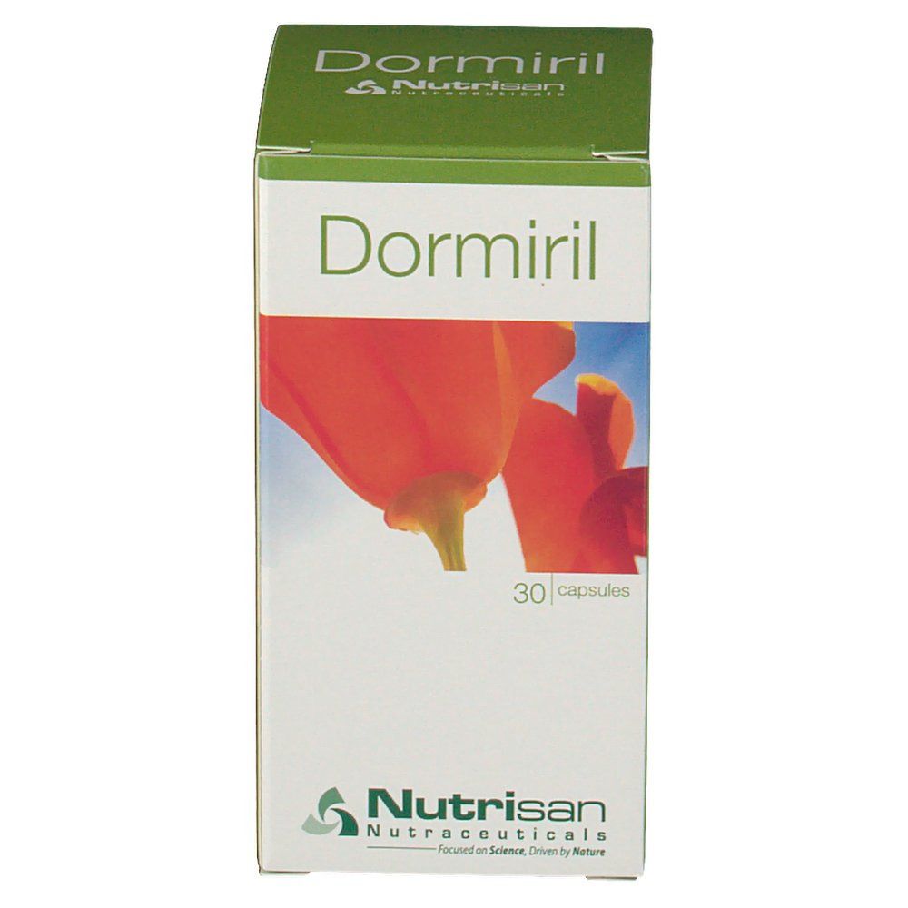 Scatola Dormiril con 30 capsule. Scritta Dormiril e Nutrisan. Sfondo con fiore rosso.