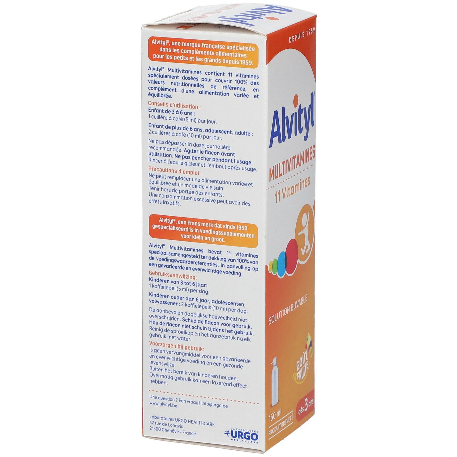 Confezione in cartone con nome del prodotto e 11 vitamine. Contiene le istruzioni per l'uso. Testo in più lingue.