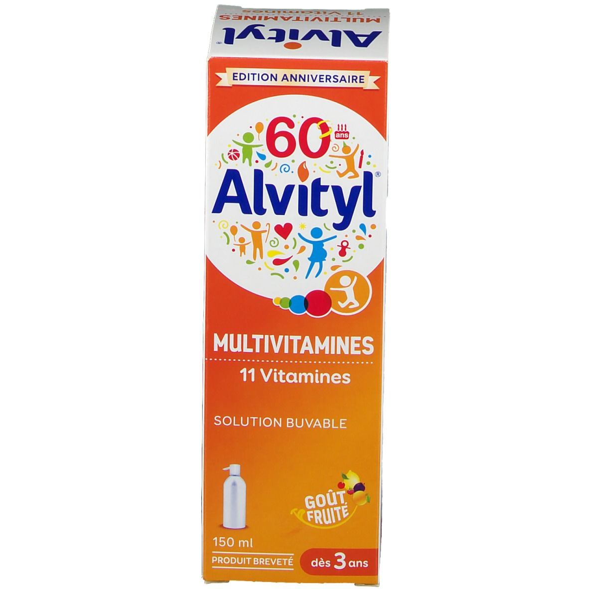 Prodotto e confezione. Bottiglia e scatola con nome del prodotto e 11 vitamine. Design arancione e bianco. Da 3 anni.