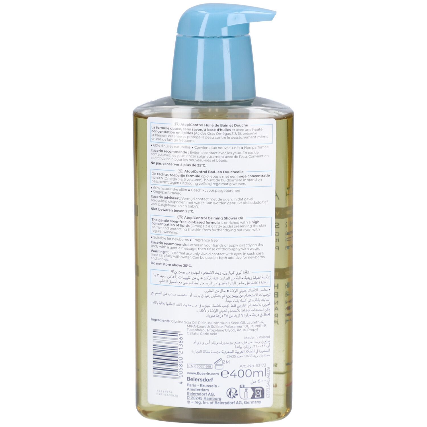 Retro del flacone Eucerin AtopiControl Olio Doccia e Bagno. Testo multilingue. 400ml.