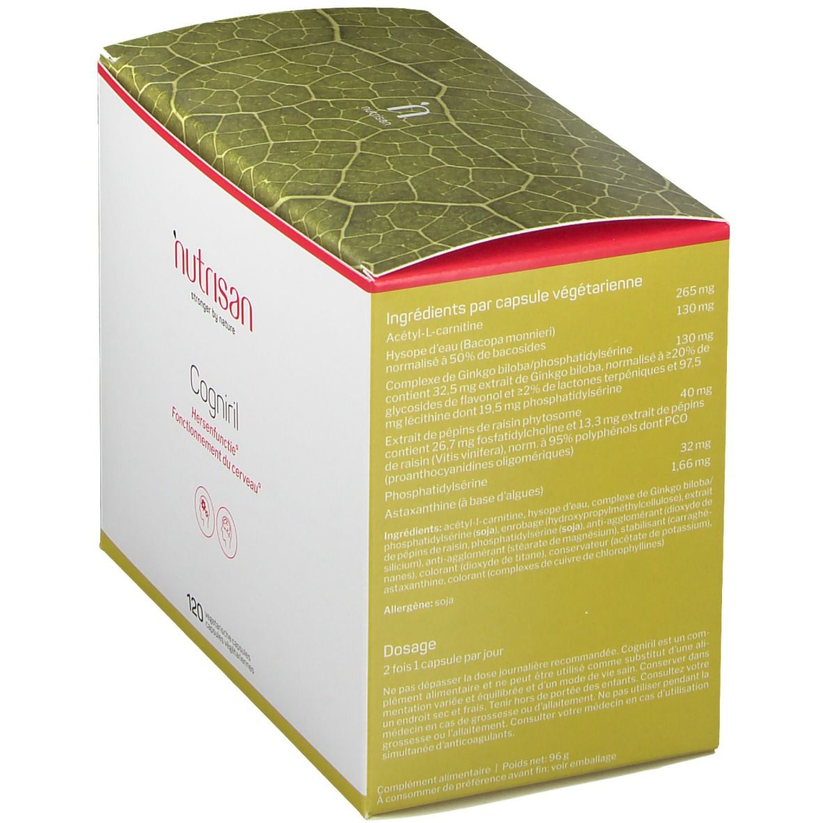 Confezione Nutrisan Cogniril, retro con ingredienti. Testo bianco su sfondo giallo. Contiene ingredienti per capsula.