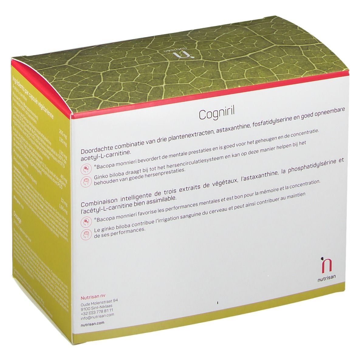 Confezione Nutrisan Cogniril. Testo in olandese e francese. Contiene informazioni sugli ingredienti e il dosaggio.