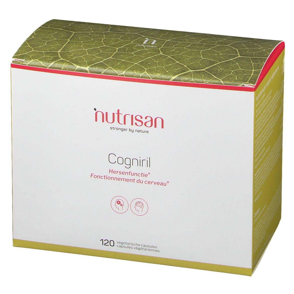 Confezione di Nutrisan Cogniril. Bianca, scritte rosse e verdi. Contiene 120 capsule. Scritta: Hersenfunctie, Fonctionnement du cerveau.
