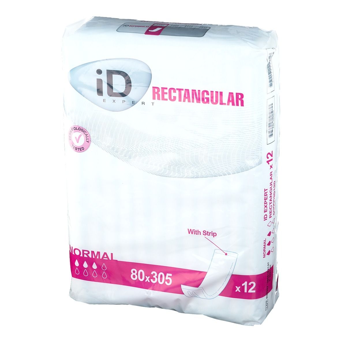 Confezione di assorbenti rettangolari. Scritta: iD Expert Rectangular, Normal, 80x305, con striscia. Dermatologicamente testato. Contiene 12 pezzi.