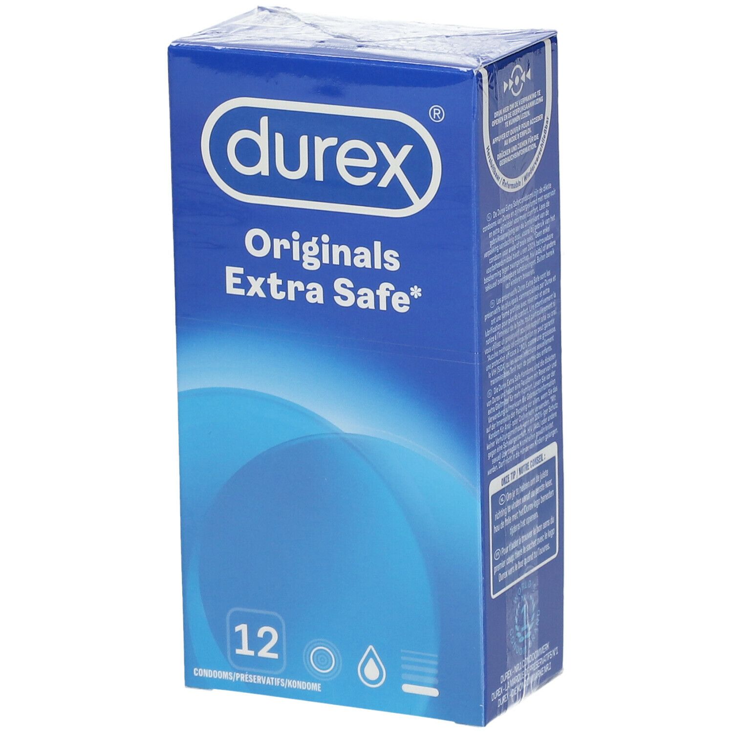 Confezione blu di preservativi Durex® Originals Extra Safe, 12 pezzi.