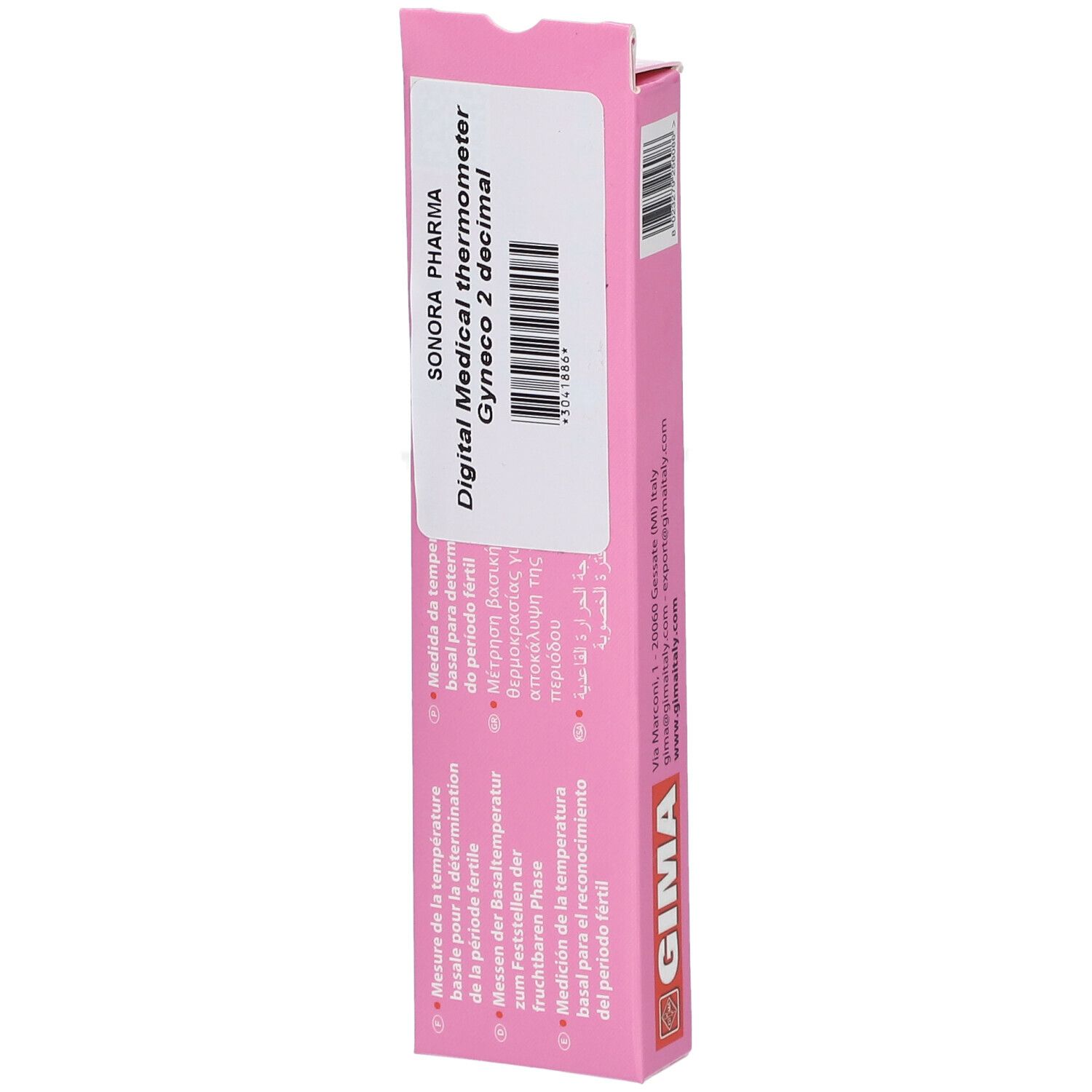 Confezione rosa con informazioni sul prodotto. Termometro medico digitale. Marca Sonora Pharma Gynéco 2 decimali.
