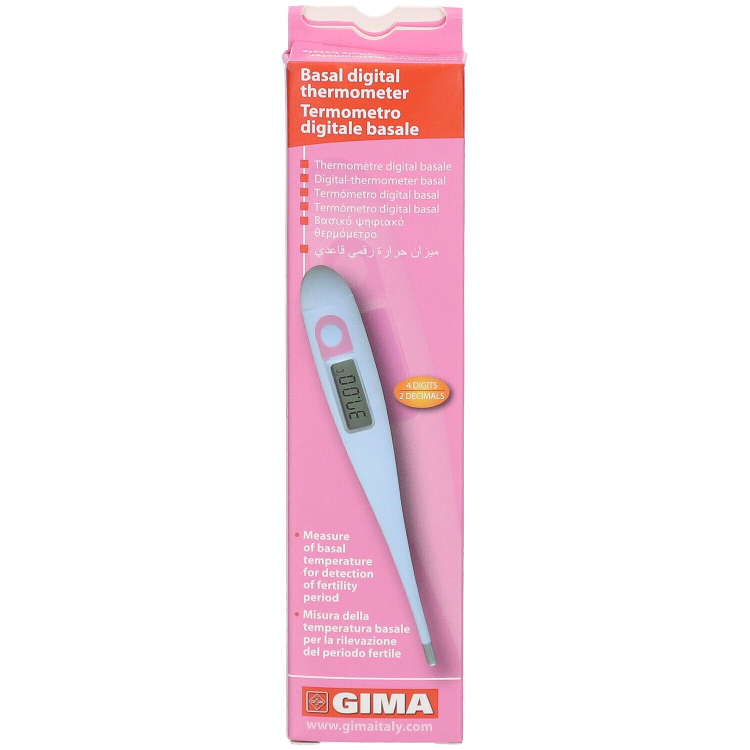 Termometro digitale basale Gima in confezione rosa. Display: 30.00. Informazioni sul prodotto sulla confezione.