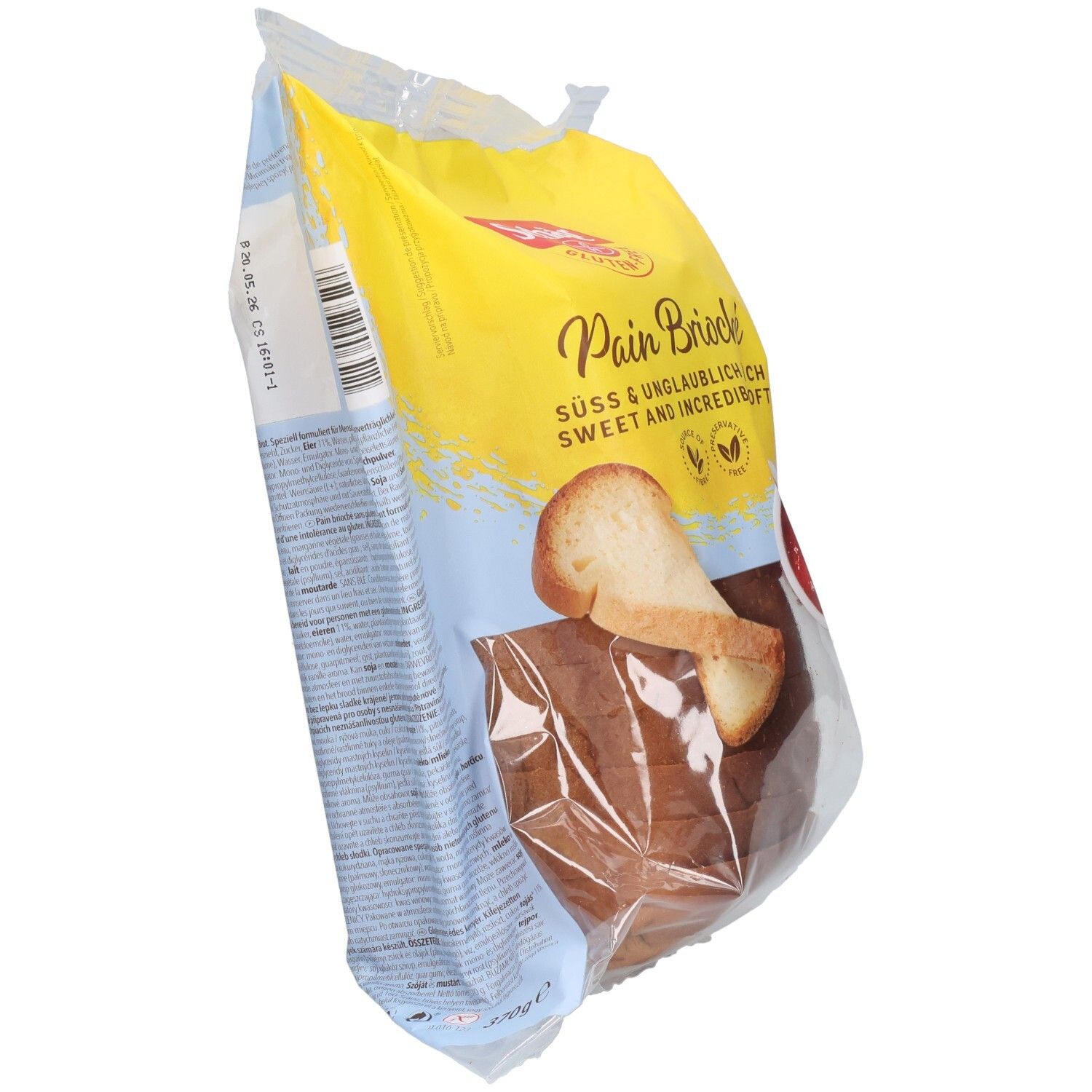Confezione di pane brioche senza glutine Schär. Confezione gialla e blu con illustrazione di pane. Pezzi di pane visibili.
