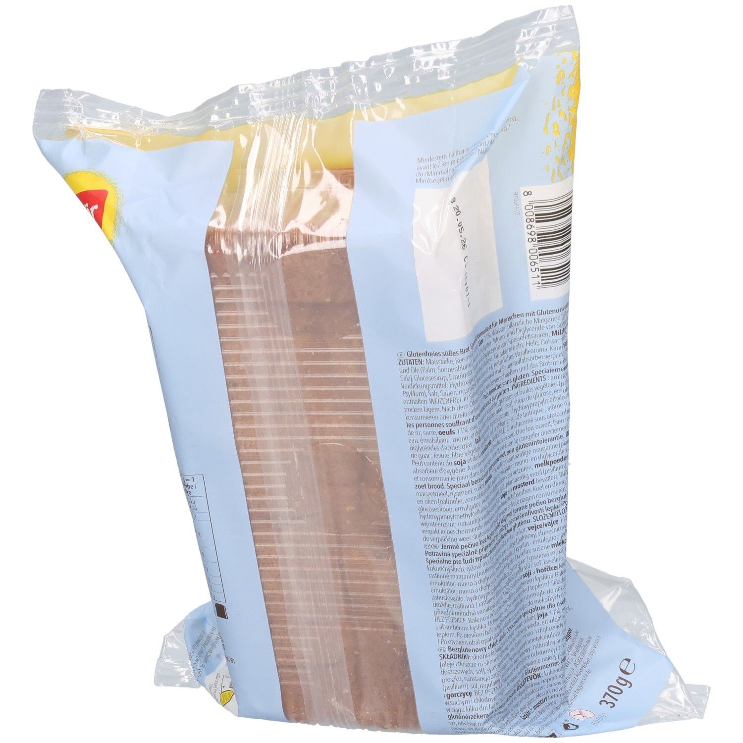 Confezione di pane brioche senza glutine Schär. Confezione blu con pane. 370g. Retro con testo.