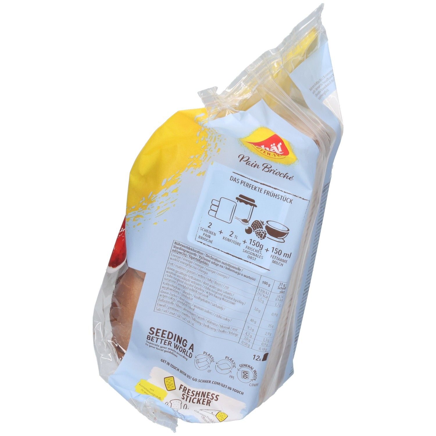 Confezione di pane brioche senza glutine Schär. Retro con testo e illustrazioni. 370g. Sigillo di freschezza.