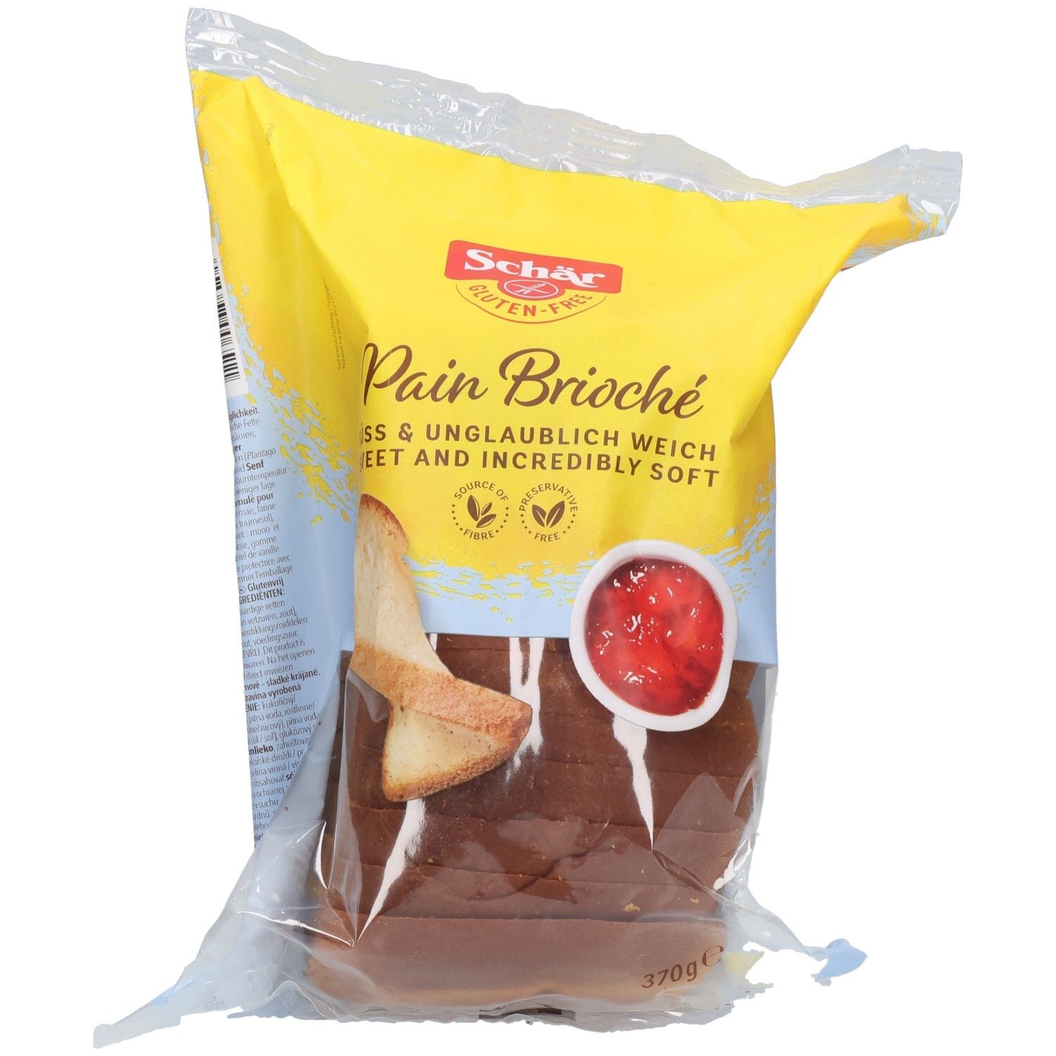Confezione di pane brioche senza glutine Schär. Confezione gialla e blu con illustrazione di pane e marmellata. 370g.