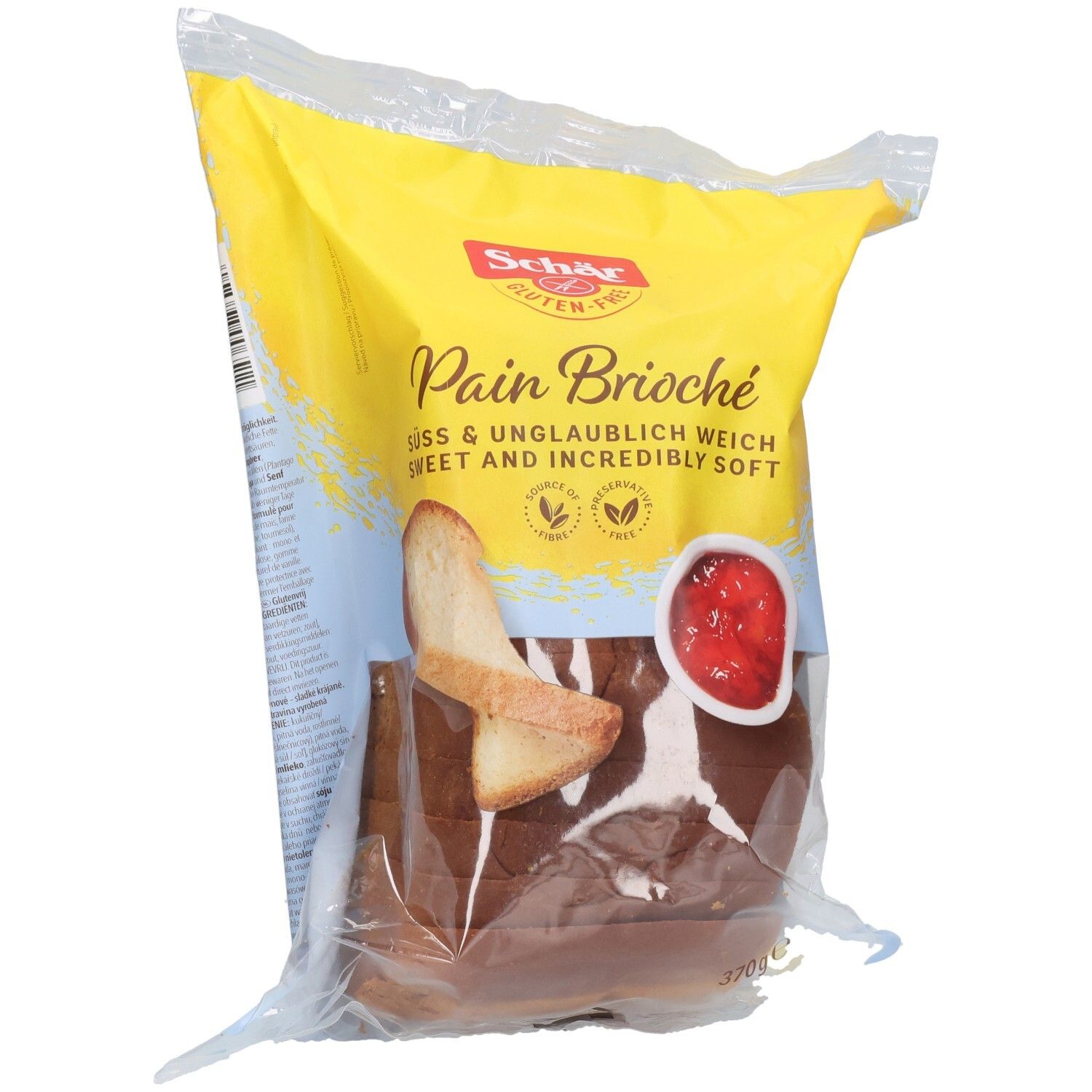 Confezione di pane brioche senza glutine Schär. Confezione gialla e blu con illustrazione di pane e marmellata. 370g.