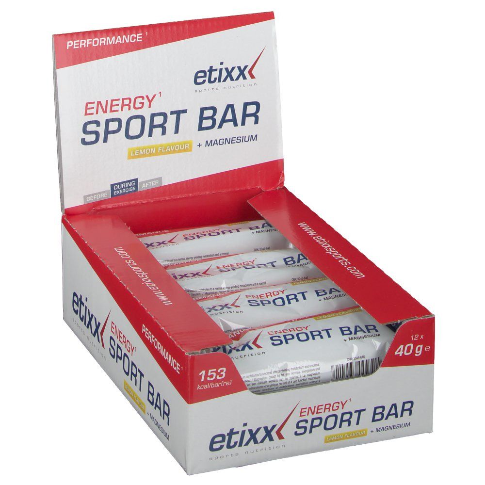 Confezione aperta di Etixx Energy Sportbar Lemon. Confezione rossa e bianca con nome e logo del prodotto. Barrette singole visibili.