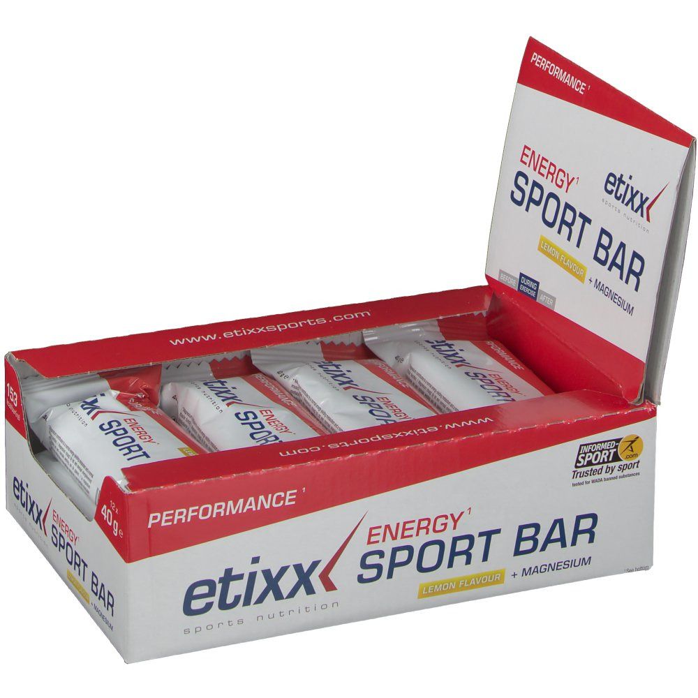 Confezione aperta con Etixx Energy Sportbar Lemon. Confezione rossa e bianca con nome e logo del prodotto. Barrette singole visibili.