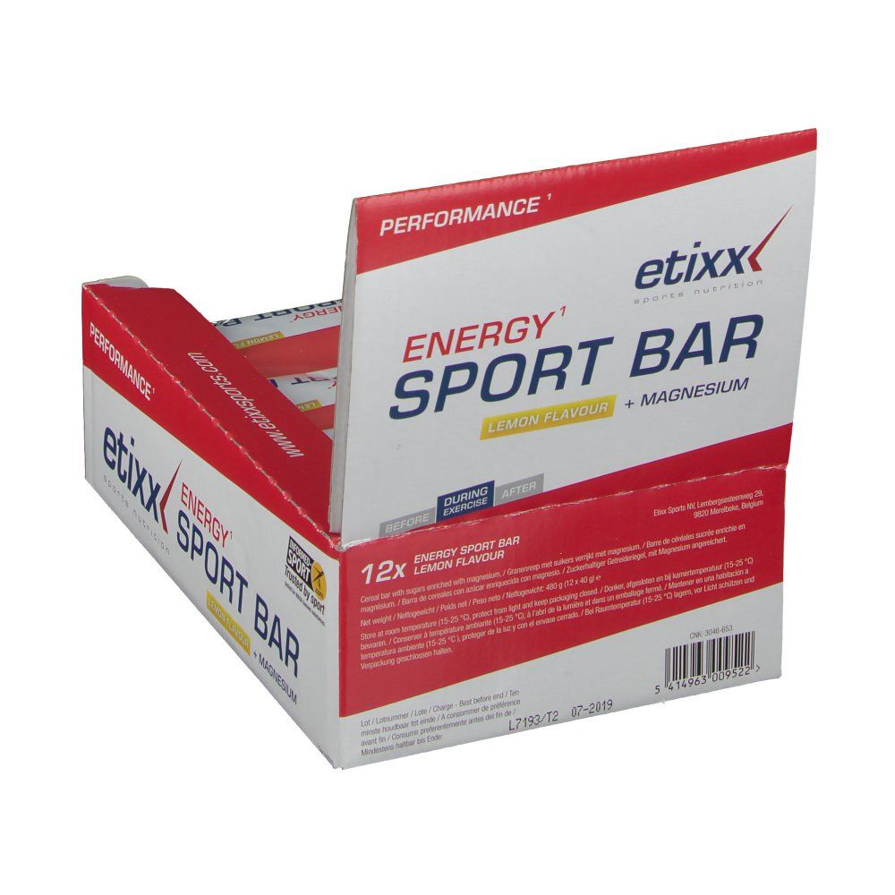 Confezione Etixx Energy Sportbar Lemon, parzialmente aperta. Confezione rossa e bianca con nome e logo del prodotto. Retro visibile.