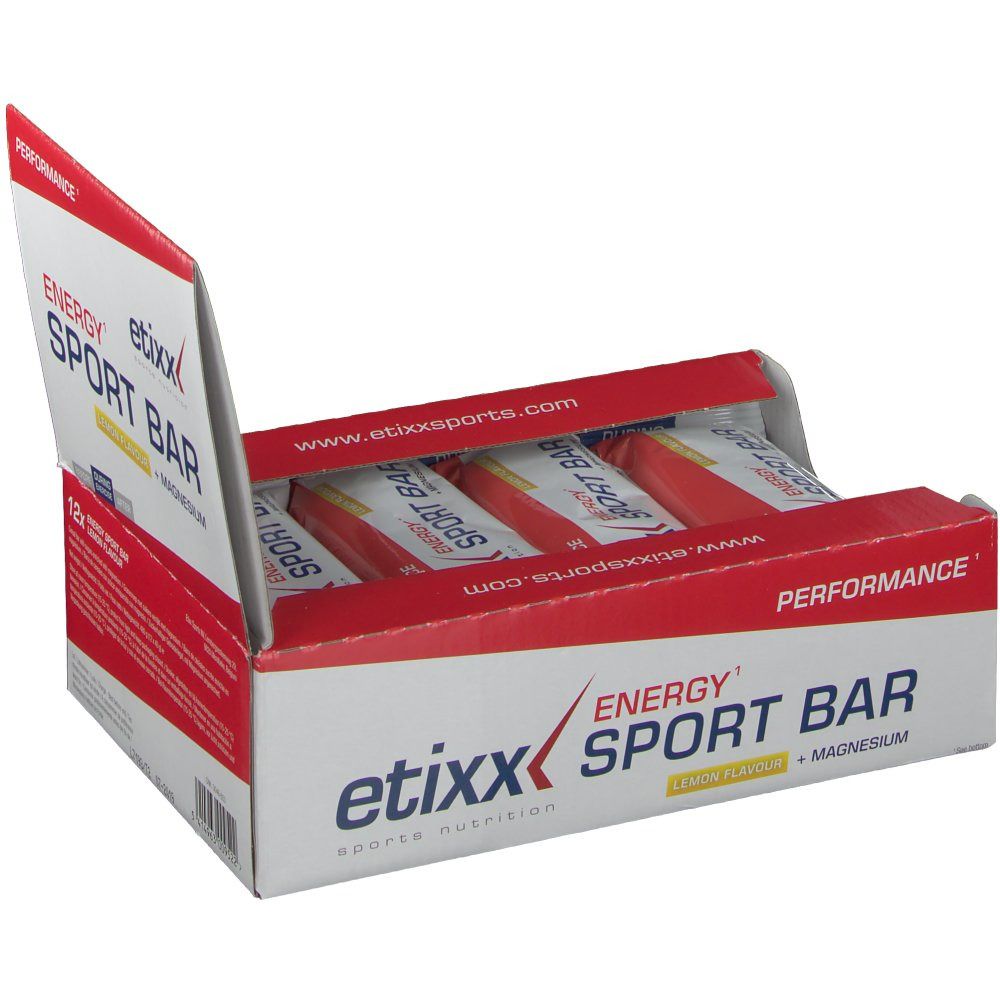Confezione aperta Etixx Energy Sportbar Lemon. Confezione rossa e bianca con nome e logo del prodotto. Barrette singole visibili.