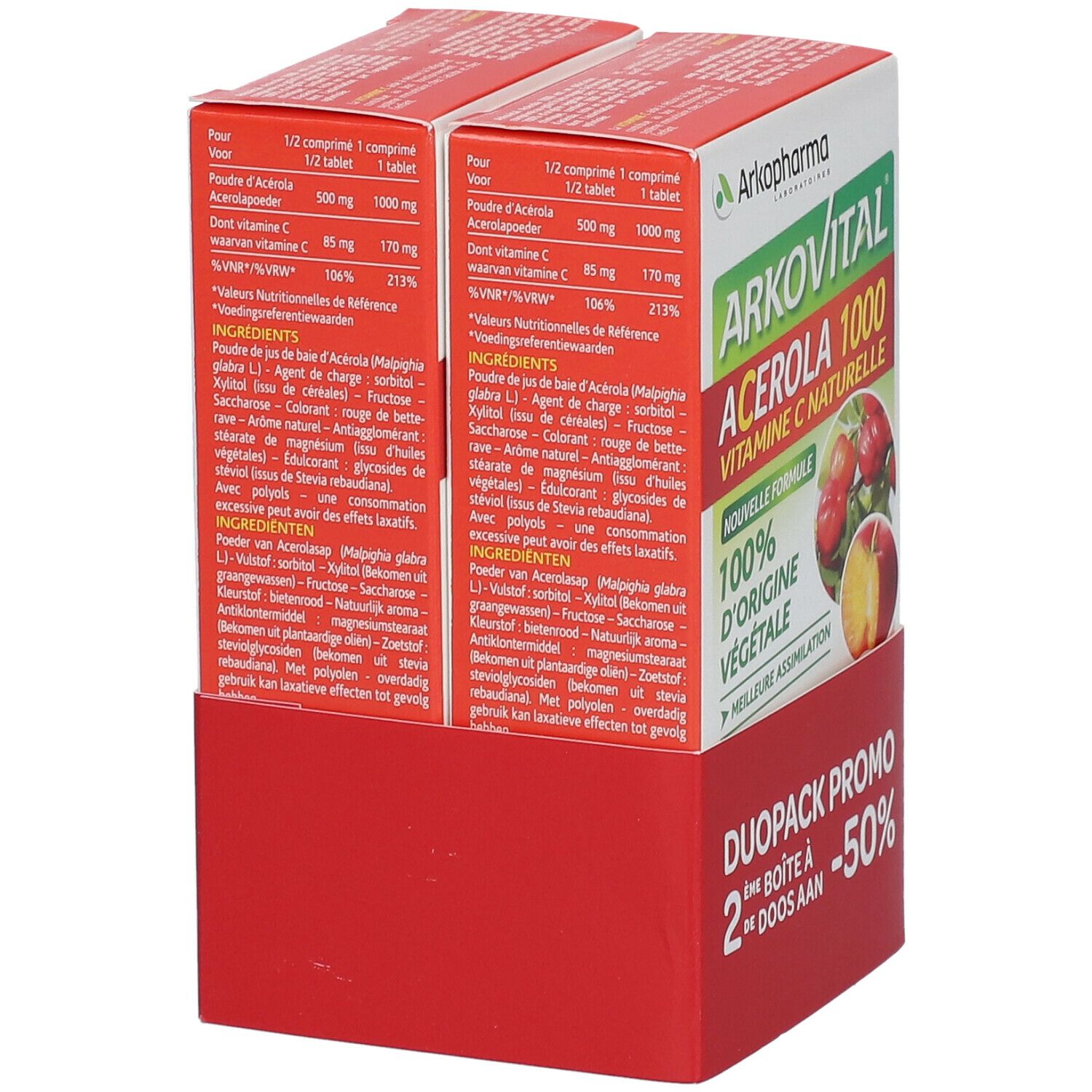 Due scatole Arkopharma Arkovital Acerola 1000 affiancate. Informazioni sul prodotto sui lati. Elenco ingredienti e informazioni nutrizionali.