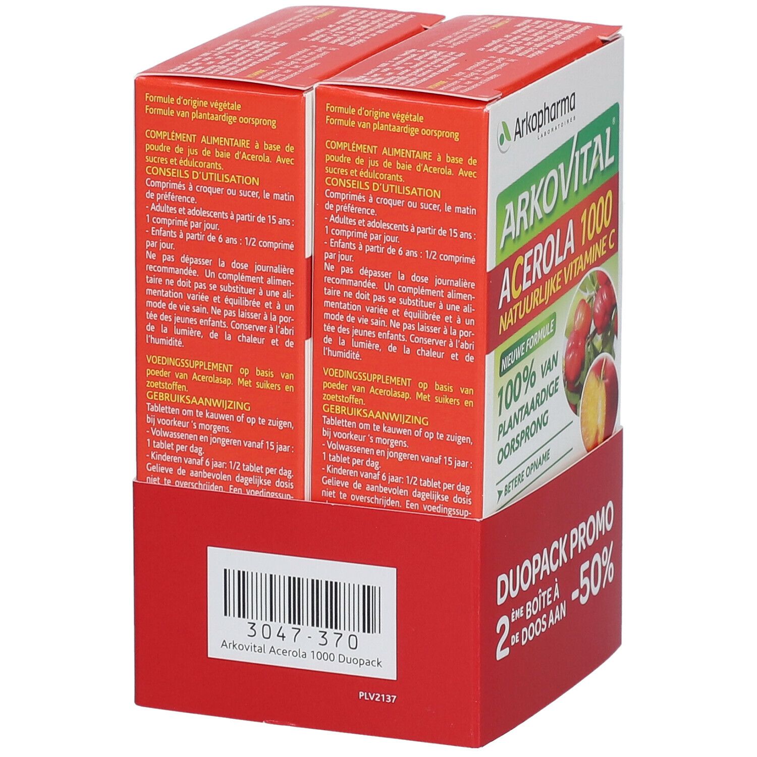 Retro di due scatole Arkopharma Arkovital Acerola 1000 affiancate. Istruzioni per l'uso e numero di lotto.