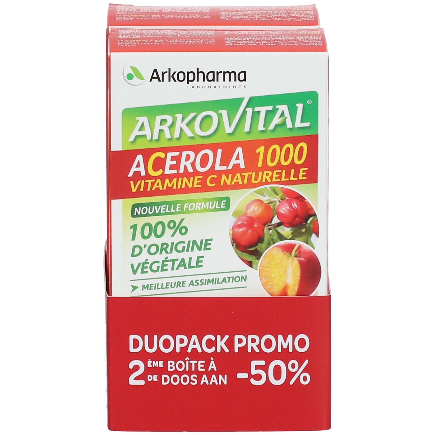 Confezione di Arkopharma Arkovital Acerola 1000. Scatola rossa e bianca con informazioni e logo. Immagine di frutti di acerola.
