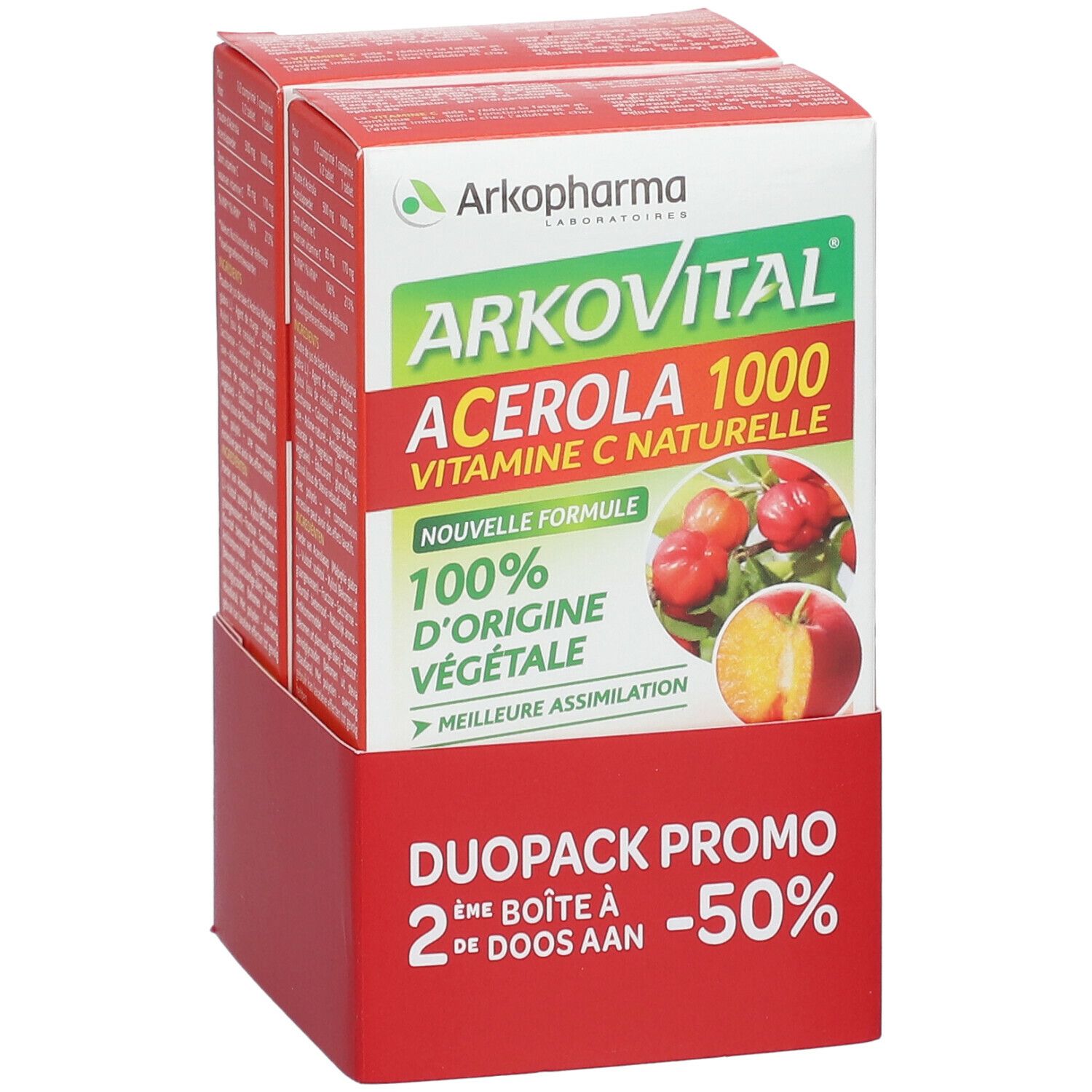 Due scatole Arkopharma Arkovital Acerola 1000 affiancate. Confezione rossa e bianca con informazioni e logo.