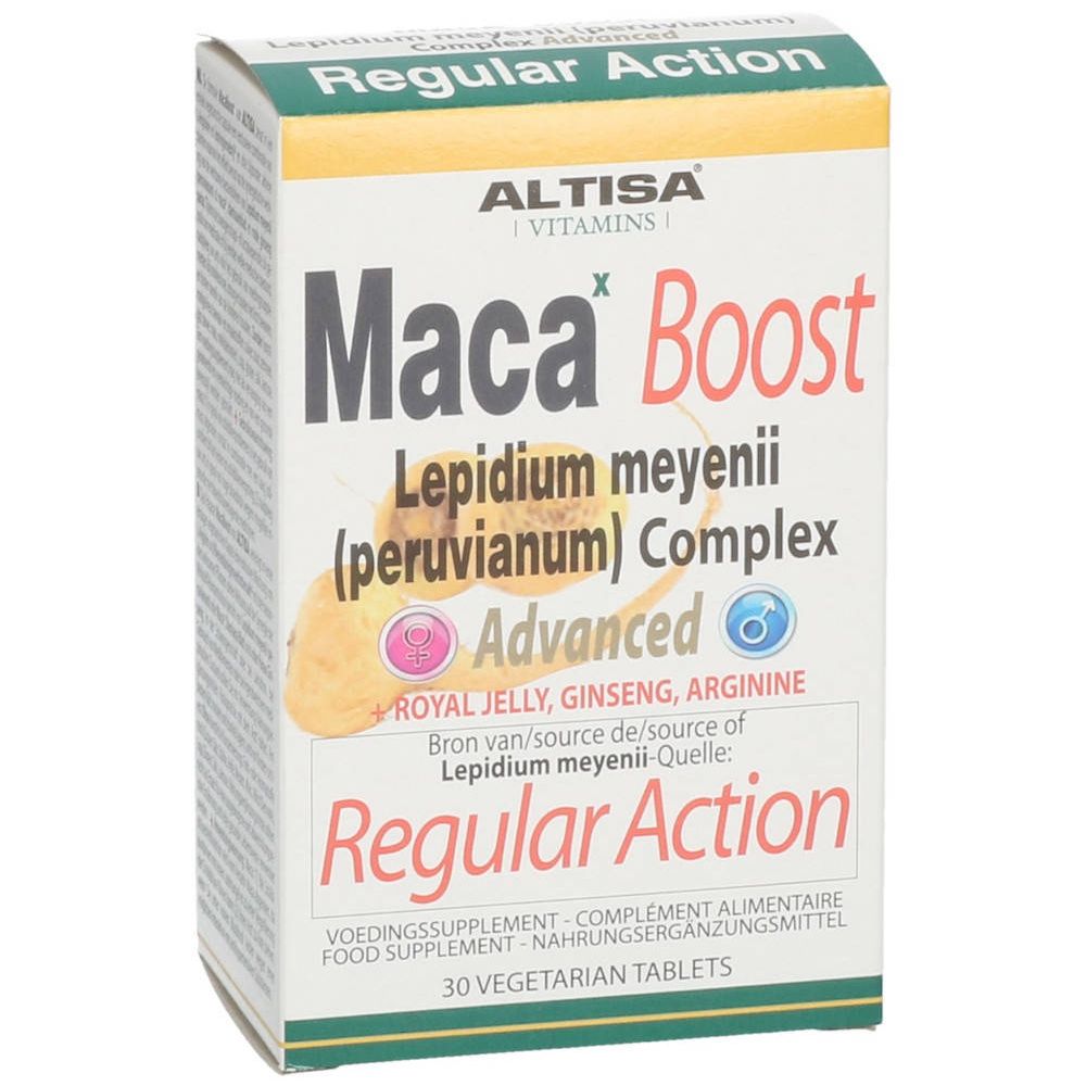 Scatola bianca 'Maca Boost'. Contiene 30 compresse. Contiene: Lepidium meyenii, ginseng, arginina.