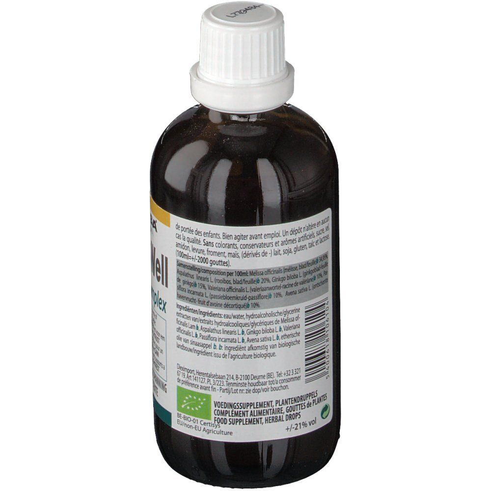 Vista posteriore del flacone di vetro marrone. Etichetta con ingredienti e informazioni. Etichetta Bio.