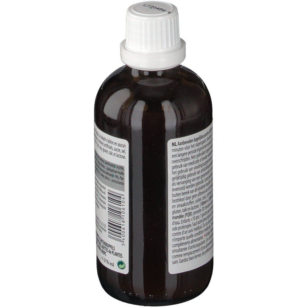 Vista posteriore del flacone di vetro marrone. Etichetta con informazioni. Etichetta Bio. 21% vol.