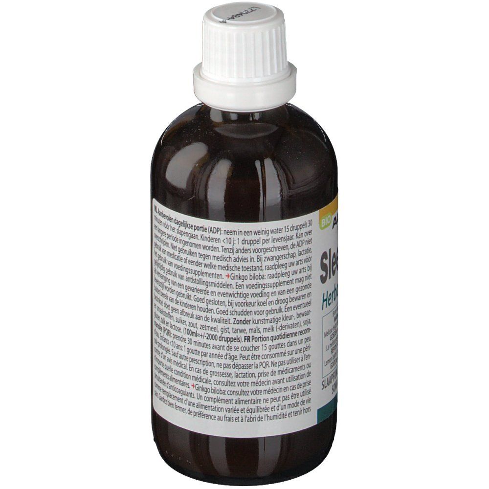 Flacone di vetro marrone con tappo bianco. Etichetta con informazioni. Etichetta Bio. Testo multilingue.