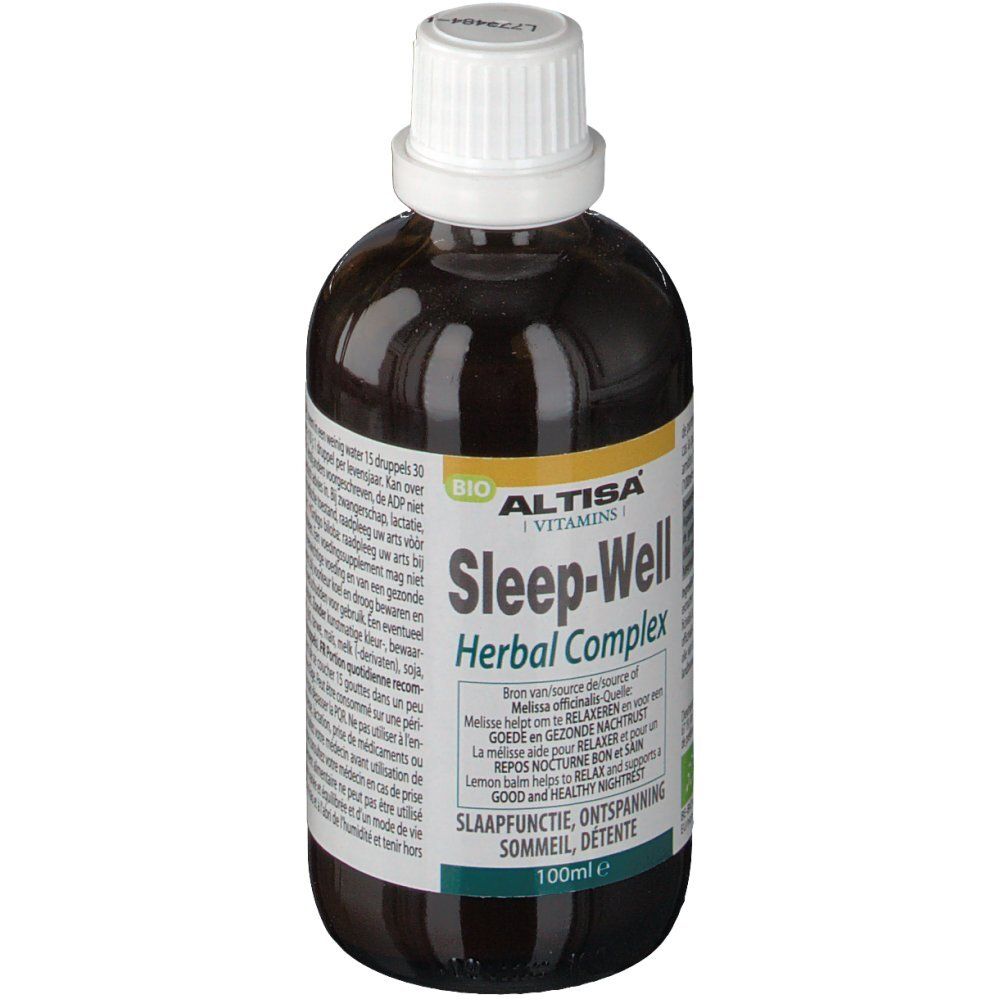 Flacone di vetro marrone con tappo bianco. Scritta: Altisa Sleep-Well Herbal Complex, etichetta Bio. 100ml.
