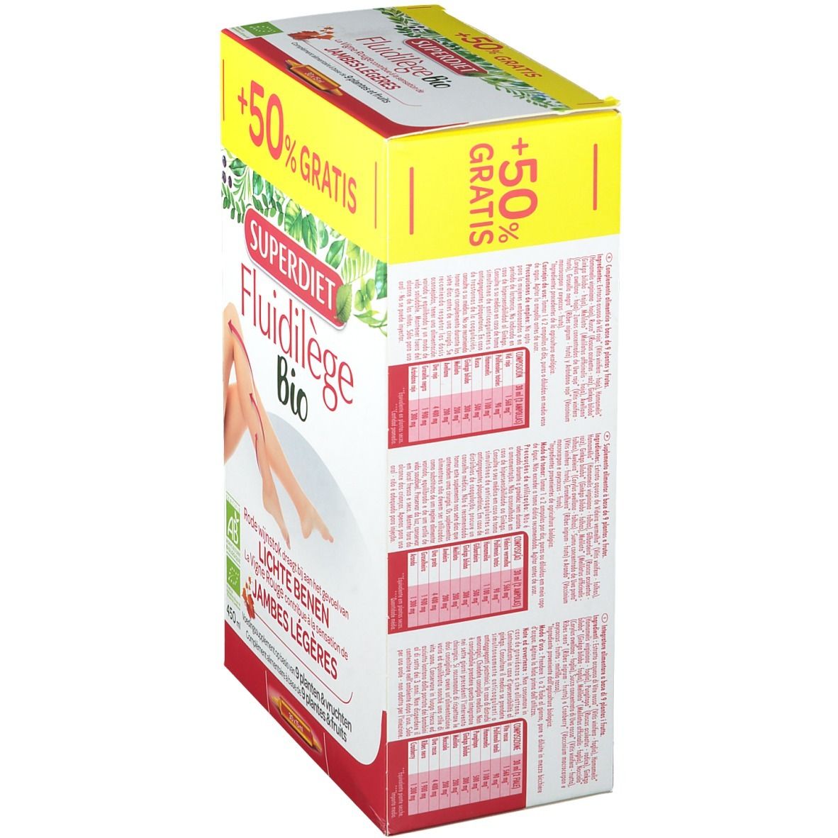 Confezione Super Diet Fluidilège Bio. Vista laterale con informazioni e testo. Striscia gialla '+50% GRATIS'.