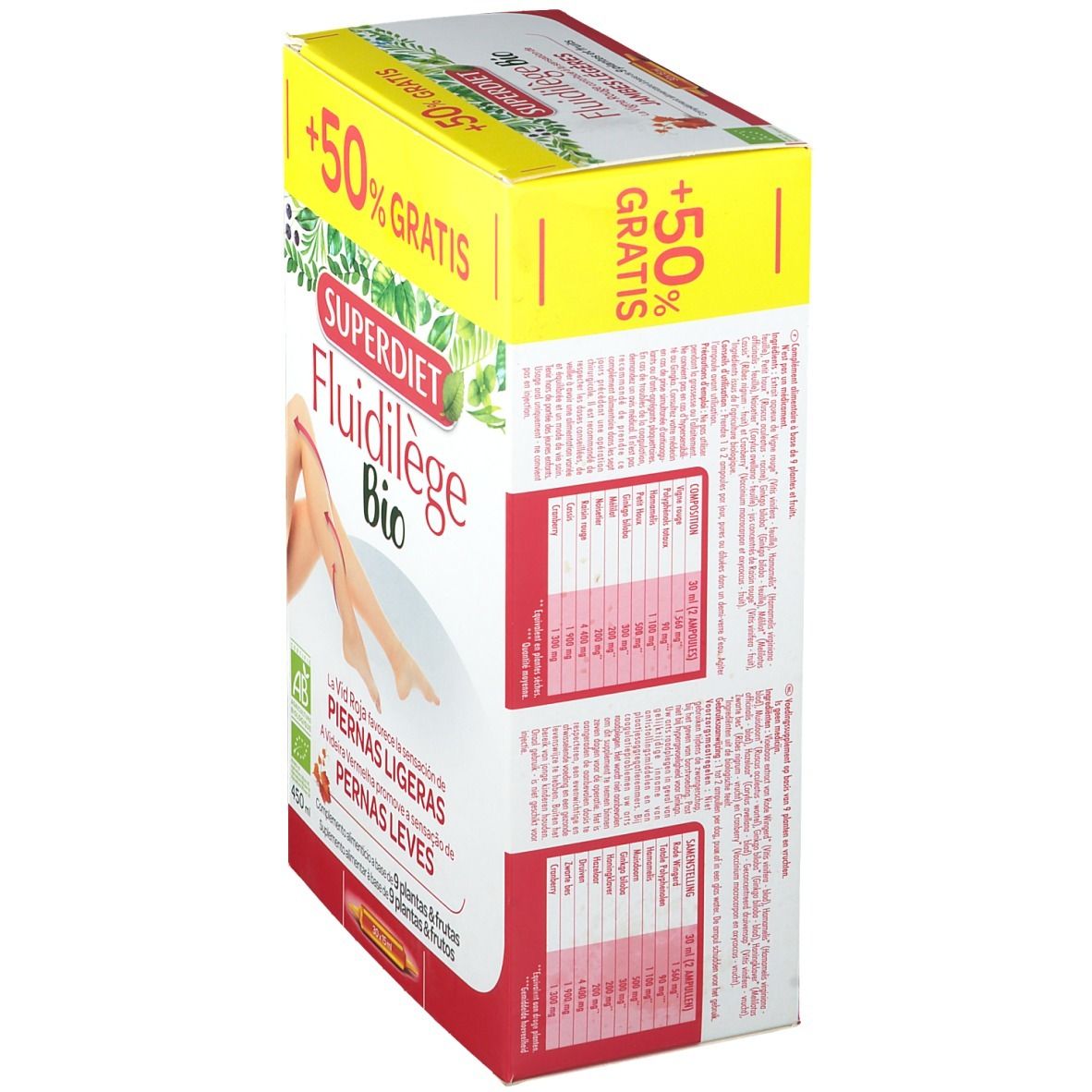 Confezione Super Diet Fluidilège Bio. Vista laterale con informazioni e testo. Striscia gialla '+50% GRATIS'.