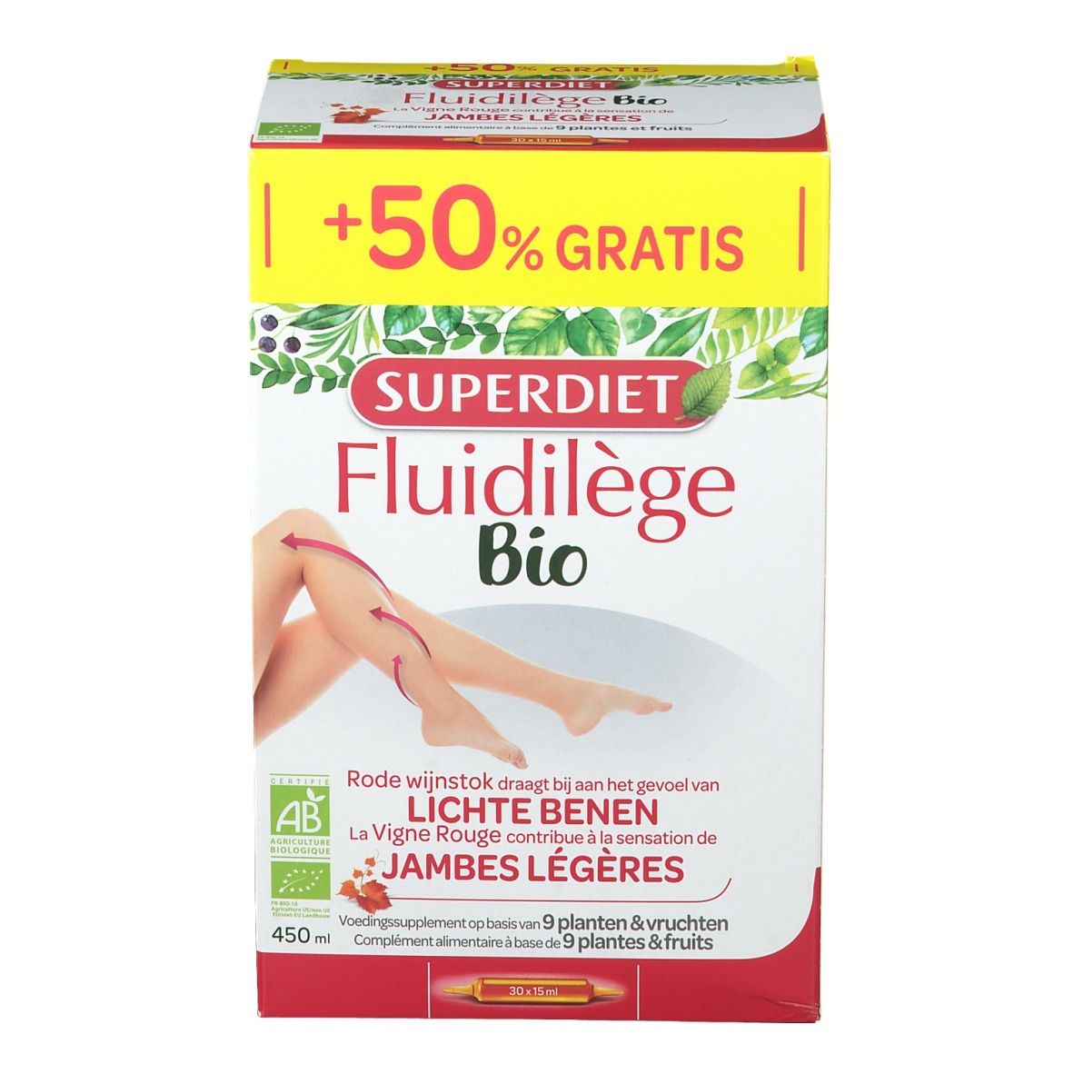 Confezione Super Diet Fluidilège Bio. Vista frontale con nome, illustrazione gambe e testo. Certificazione bio.