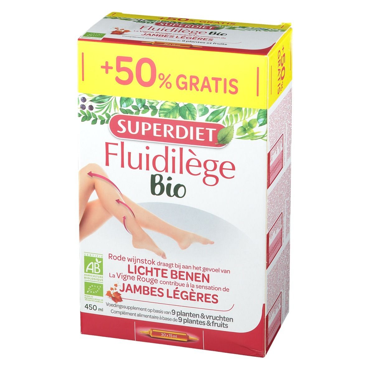 Confezione Super Diet Fluidilège Bio. Vista frontale con nome, illustrazione gambe e testo. Certificazione bio.