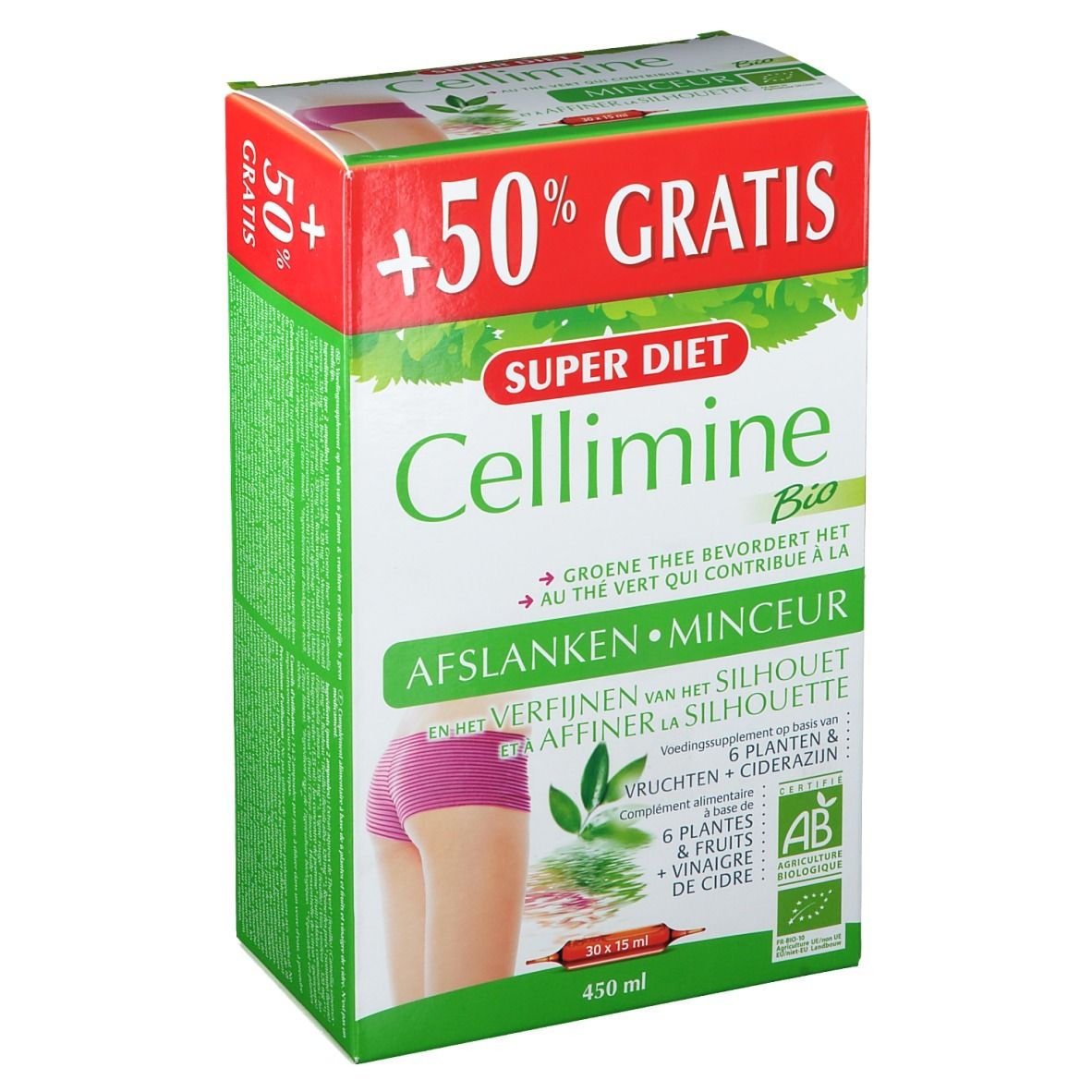 Confezione Cellimine Bio. Design verde e bianco con nome del prodotto e '+50% GRATIS'. Illustrazione di una donna.