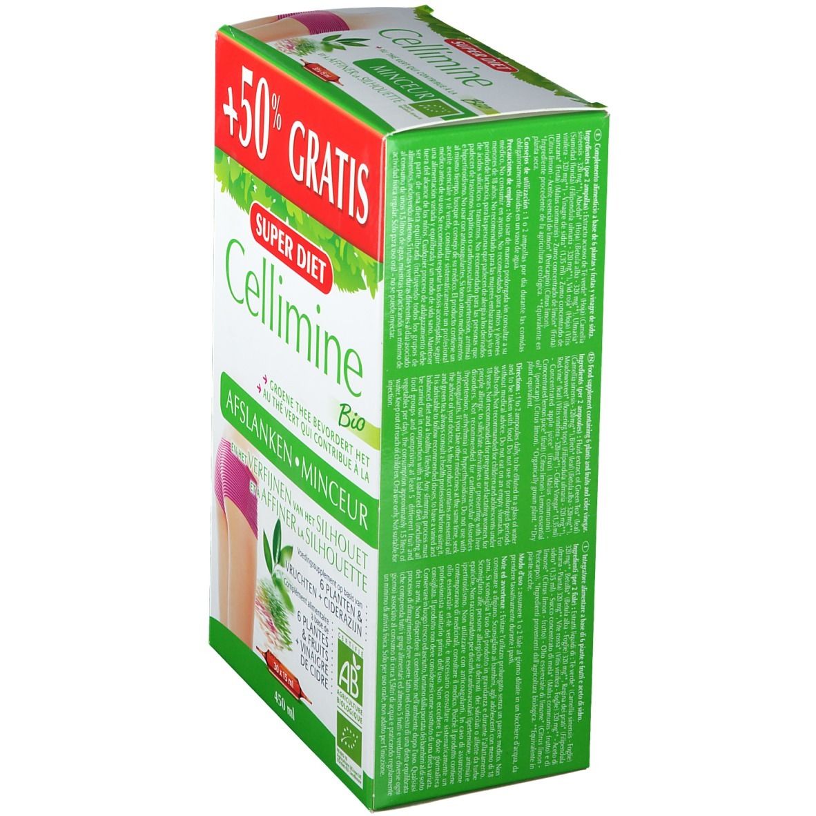 Lato della confezione Cellimine Bio. Design verde e bianco con testo. Contiene '+50% GRATIS' e informazioni sul prodotto.