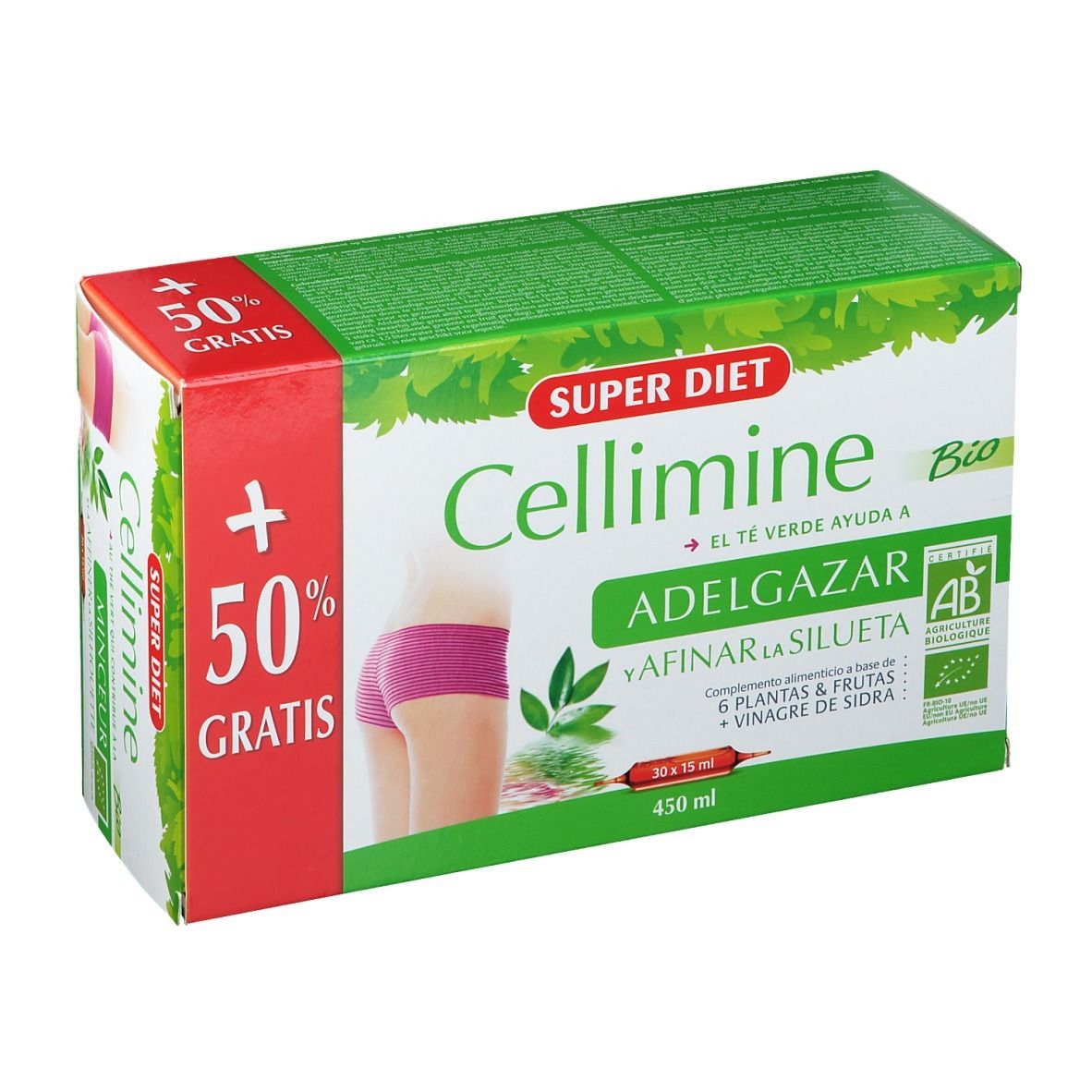 Confezione Cellimine Bio. Design verde e bianco con nome del prodotto e '+50% GRATIS'. Informazioni prodotto in spagnolo.