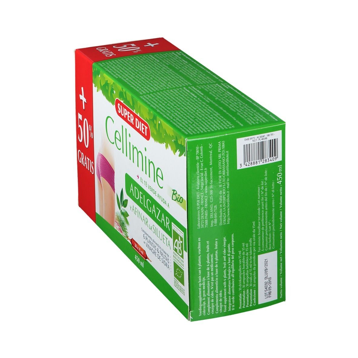 Lato della confezione Cellimine Bio. Design verde e bianco con testo. Contiene '+50% GRATIS' e informazioni sul prodotto.