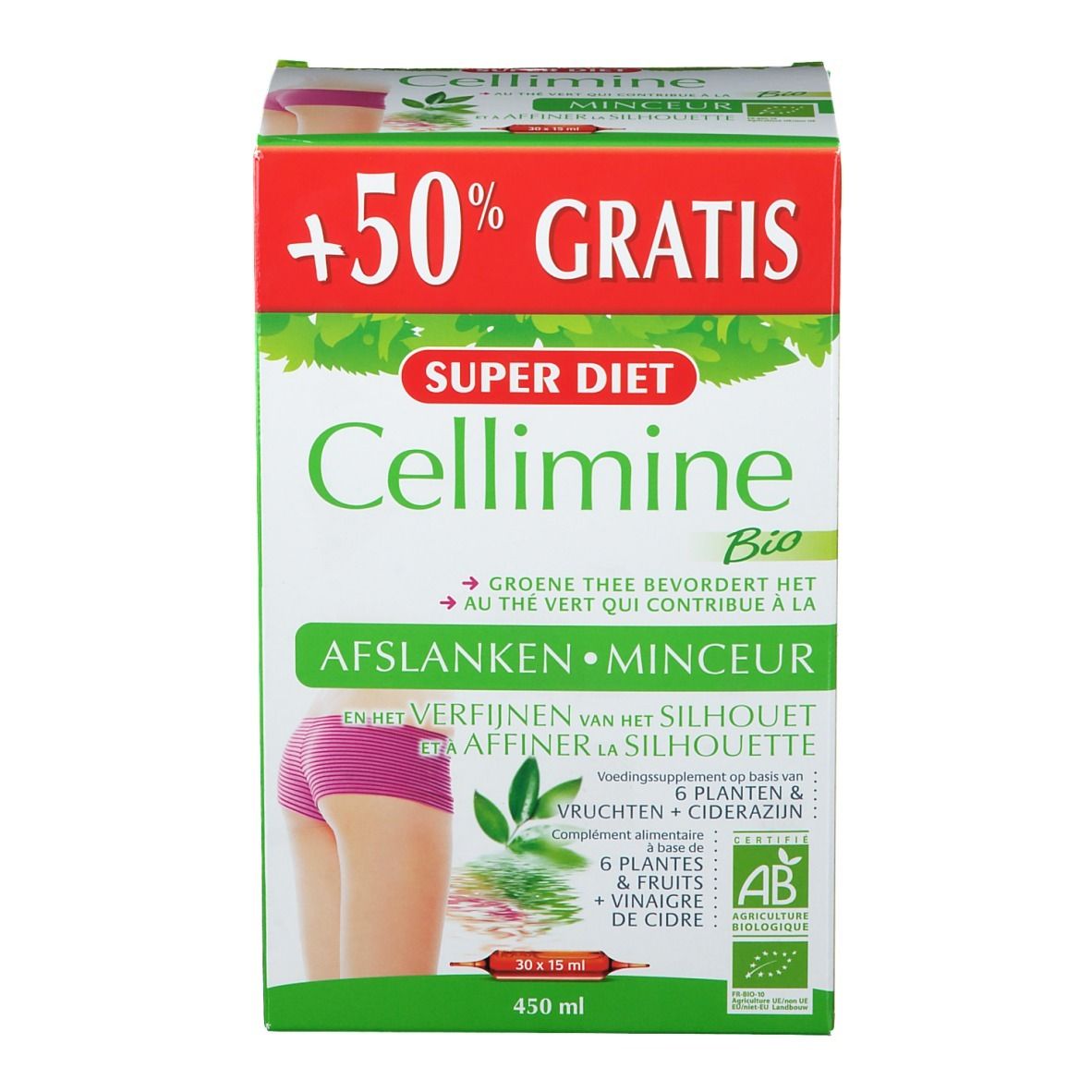 Confezione Cellimine Bio. Design verde e bianco con nome del prodotto e '+50% GRATIS'. Illustrazione di una donna.