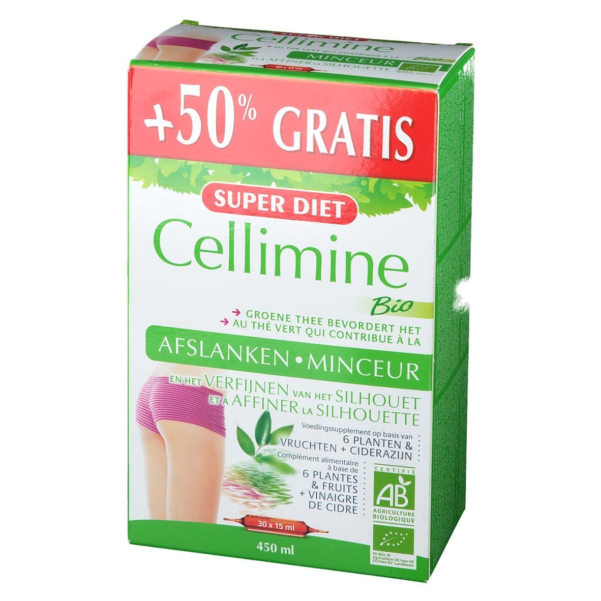 Confezione Cellimine Bio. Design verde e bianco con nome del prodotto e '+50% GRATIS'. Illustrazione di una donna.