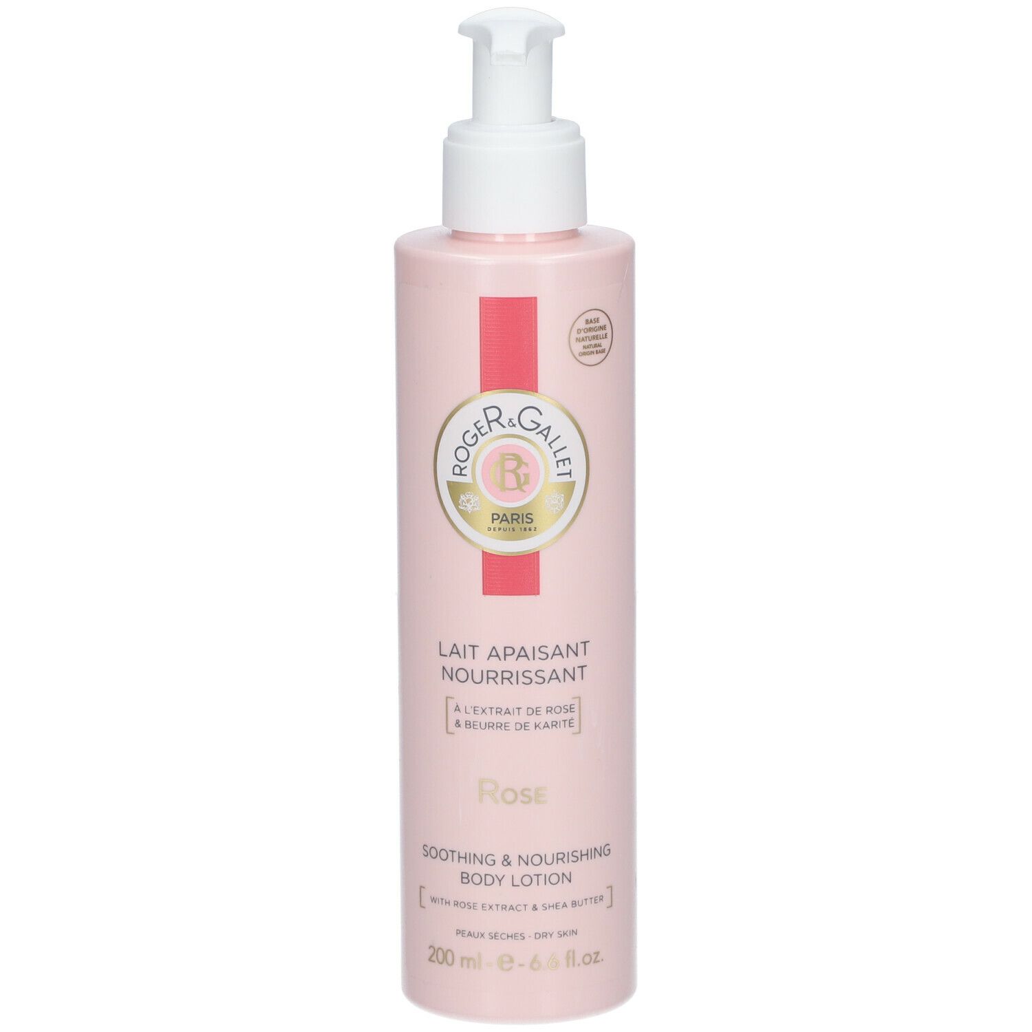 Lozione corpo rosa con dosatore a pompa. Testo: Roger & Gallet, Lait Apaisant Nourrissant, Rose, Soothing & Nourishing Body Lotion.