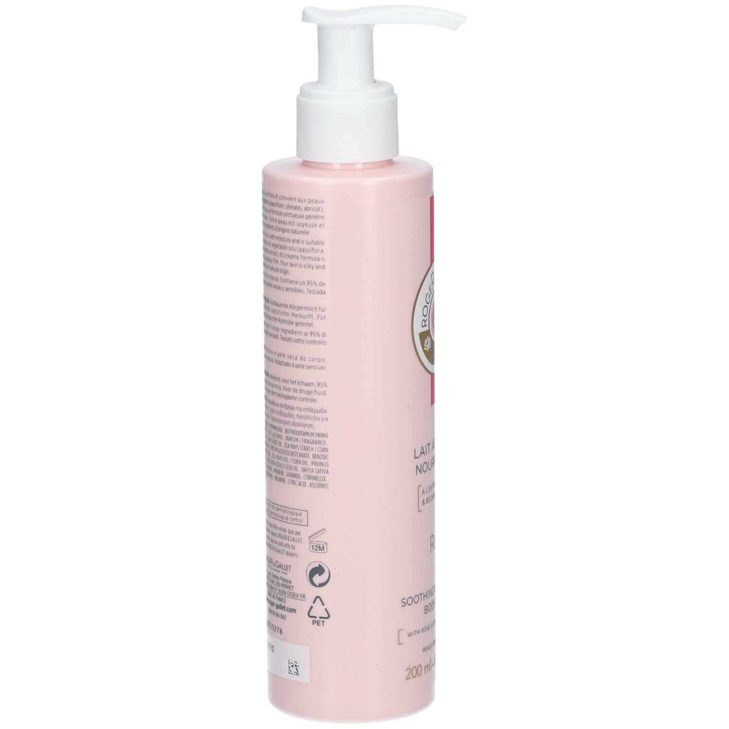 Lozione corpo rosa con dosatore a pompa. Retro con testo. Logo: Roger & Gallet.