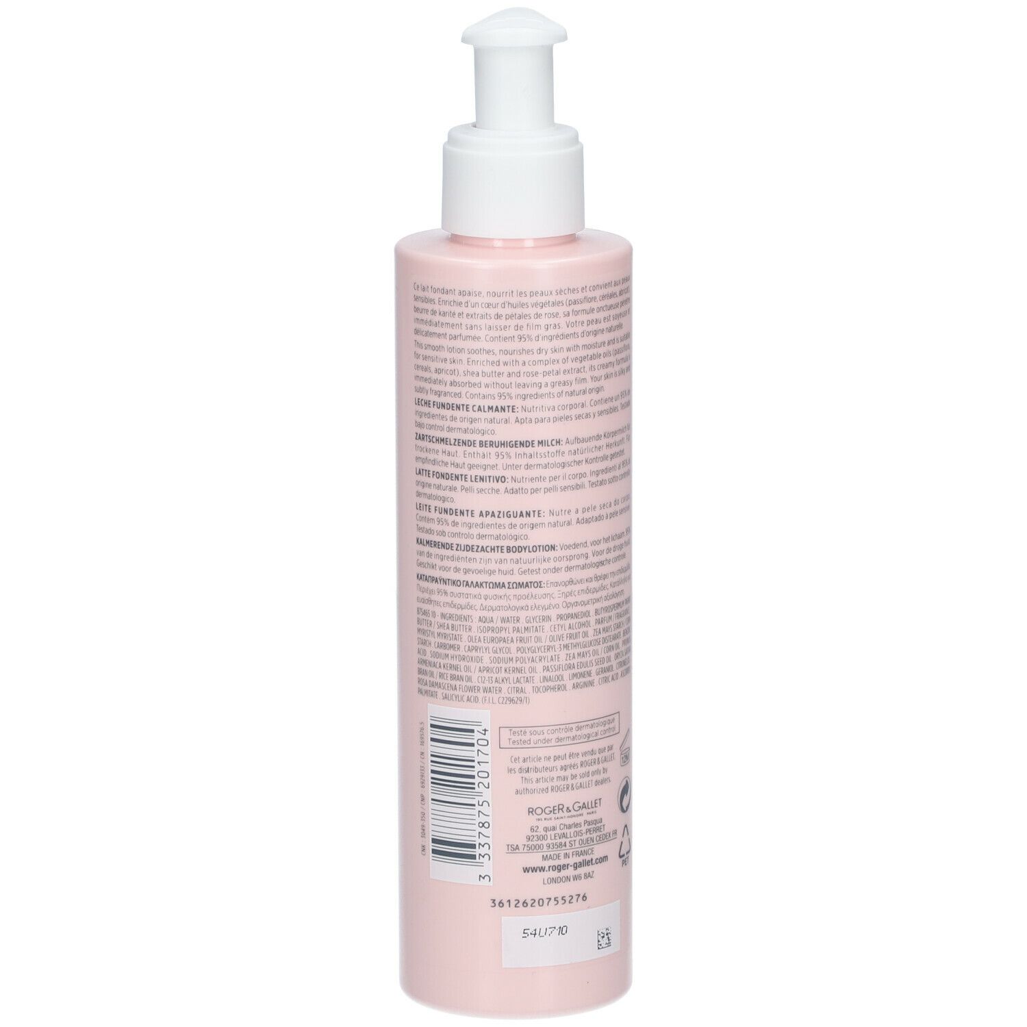 Lozione corpo rosa con dosatore a pompa. Retro con testo e codice a barre. Logo: Roger & Gallet.
