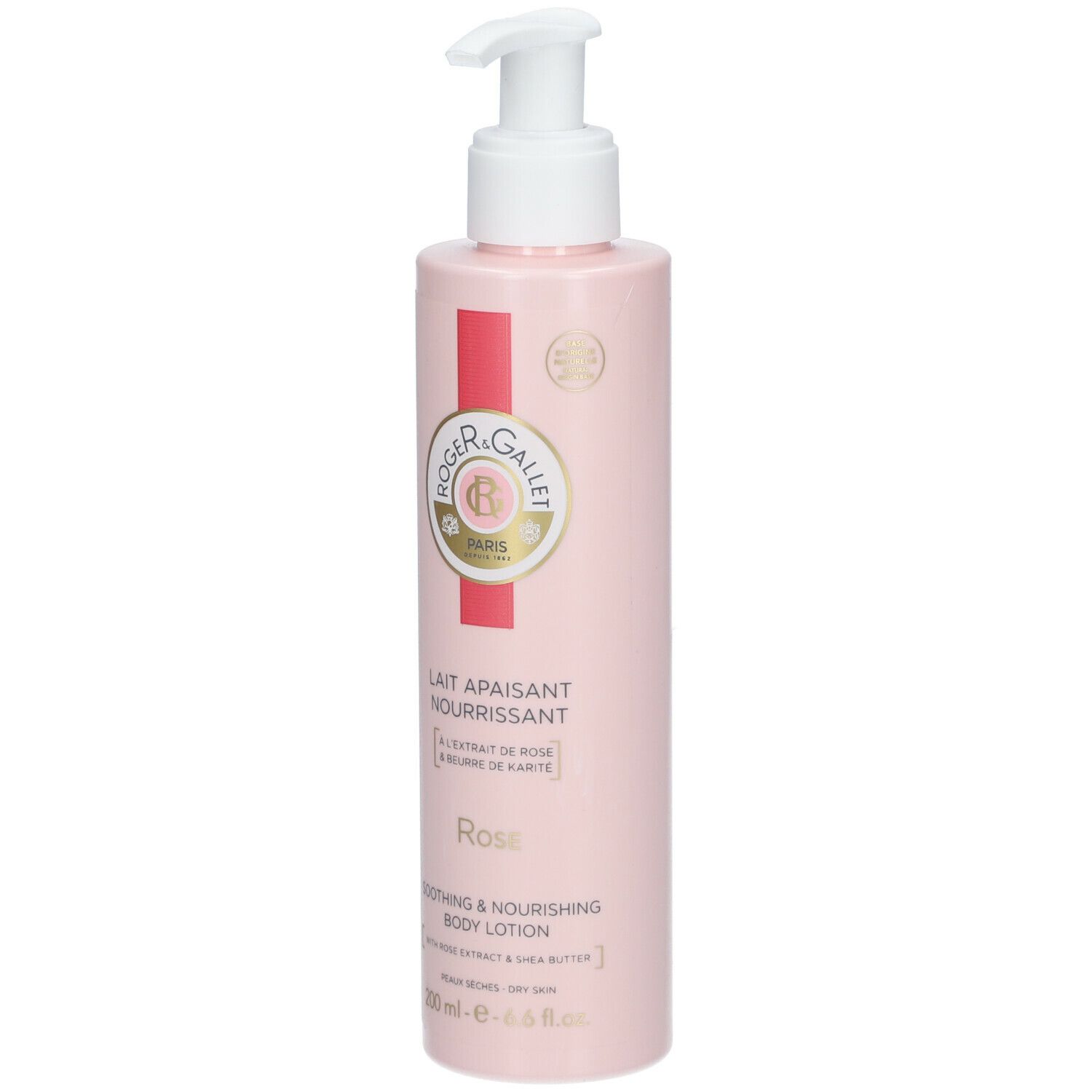 Lozione corpo rosa con dosatore a pompa. Testo: Roger & Gallet, Lait Apaisant Nourrissant, Rose, Soothing & Nourishing Body Lotion.