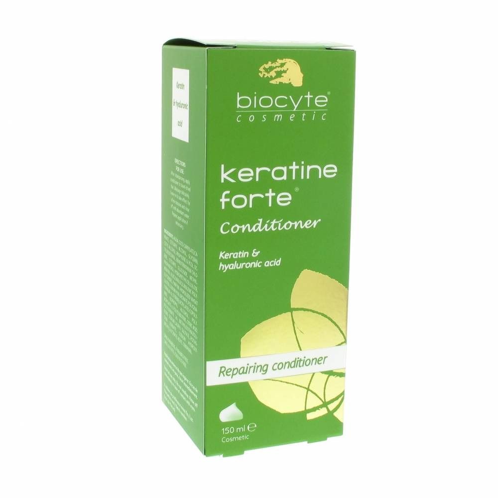 Scatola verde con logo e nome del prodotto. Testo: Keratine Forte Conditioner, Keratin & hyaluronic acid.