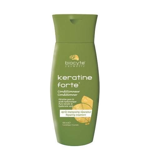 Flacone verde con logo e nome del prodotto. Testo: Keratine Forte Conditionneur, Kératine pure & acide hyaluronique.