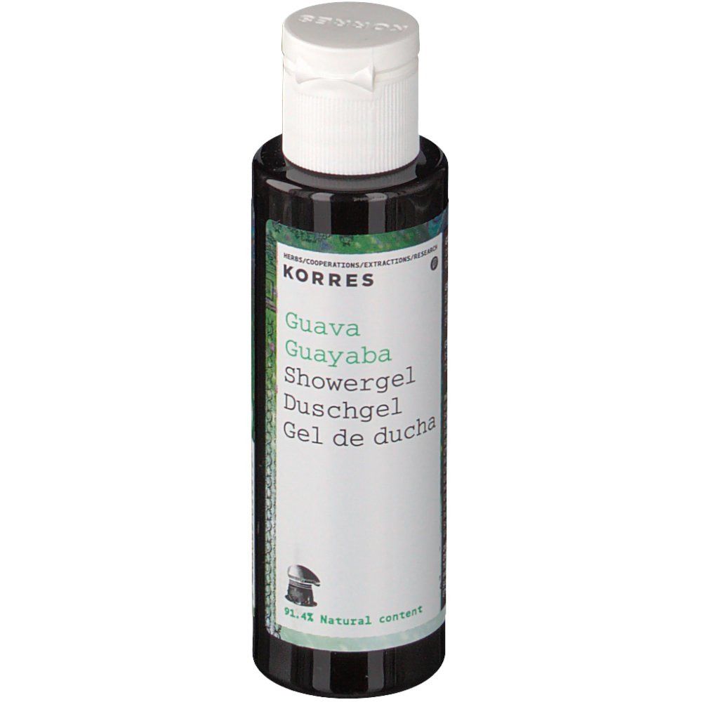 KORRES® Guava Duschgel. Flacone nero con tappo bianco. Nome del prodotto e marchio sull'etichetta.