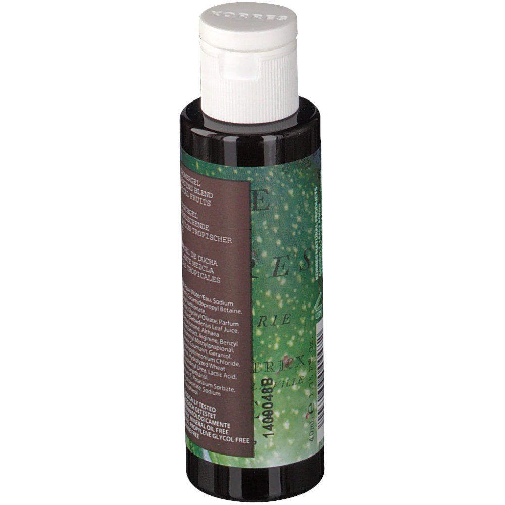 KORRES® Guava Duschgel. Flacone con etichetta verde. Informazioni sul prodotto e ingredienti.