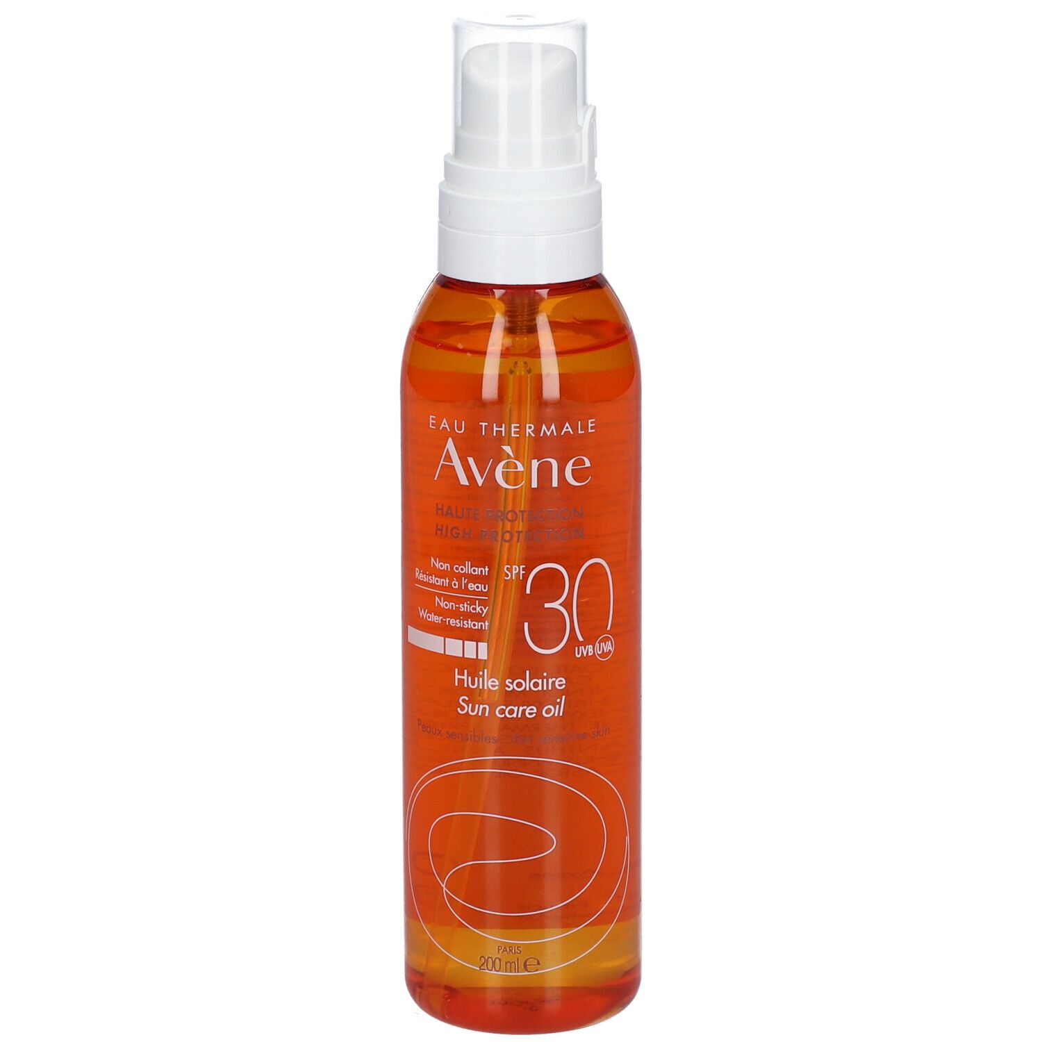 Flacone spray di olio solare con erogatore bianco. Olio arancione visibile. Scritta: Eau Thermale Avène, SPF 30, Huile solaire, Sun care oil.