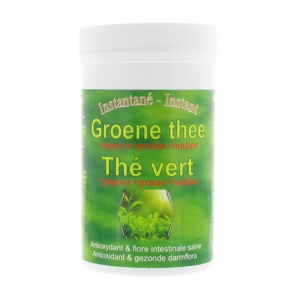 Contenitore bianco con etichetta verde. Scritta: Groene thee, Thé vert. Contiene inulina e papaya. Antiossidante.