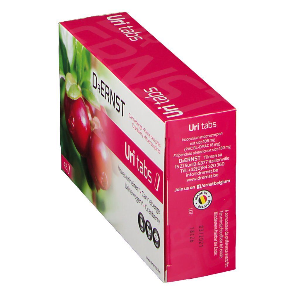 Confezione di Dr. Ernst Uritabs inclinata. Scritte: Cranberry, Reine des prés, Voies urinaires, Urinewegen. Contiene 42 compresse. Dettagli e ingredienti.